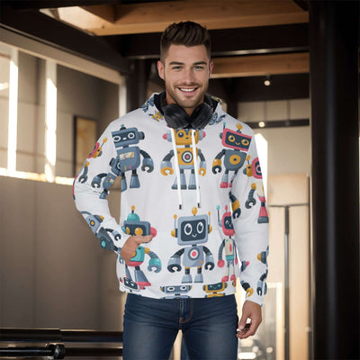 Stylish all-over print men's pullover hoodie with a thick, cozy lining. The hoodie features a vibrant, detailed pattern covering the entire garment, ideal for cold weather. The design combines both style and warmth, making it perfect for a casual, fashion