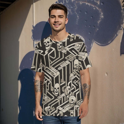 Man wearing all-over print men's O-neck T-shirt with skull pattern, 100% cotton, high-quality fabric, perfect for eco-conscious shoppers.