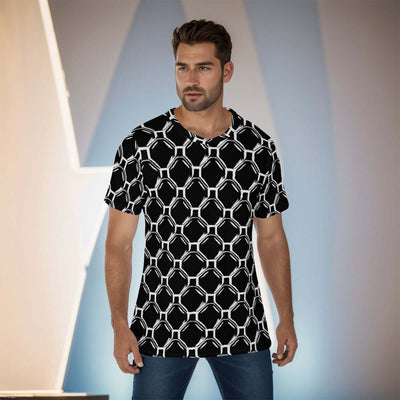 All-over print men's O-neck t-shirt with geometric pattern, breathable jersey fabric, loose fit, perfect for daily wear.