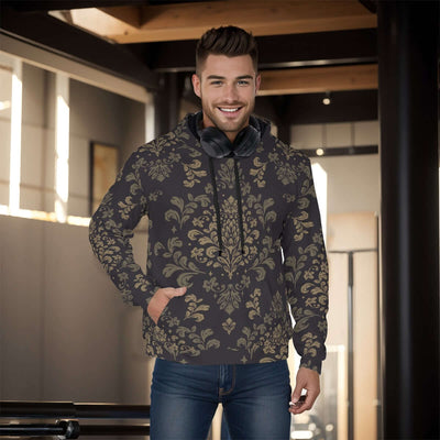 Stylish all-over print men's pullover hoodie with a thick, cozy lining. The hoodie features a vibrant, detailed pattern covering the entire garment, ideal for cold weather. The design combines both style and warmth, making it perfect for a casual, fashion