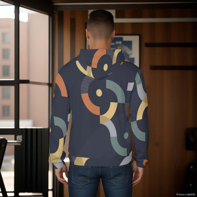 Stylish all-over print men's pullover hoodie with a thick, cozy lining. The hoodie features a vibrant, detailed pattern covering the entire garment, ideal for cold weather. The design combines both style and warmth, making it perfect for a casual, fashion