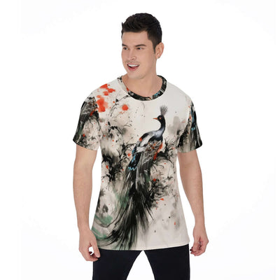 All-Over Print Men's O-Neck T-Shirt with peacock design, breathable jersey fabric, round neck, perfect for casual wear.