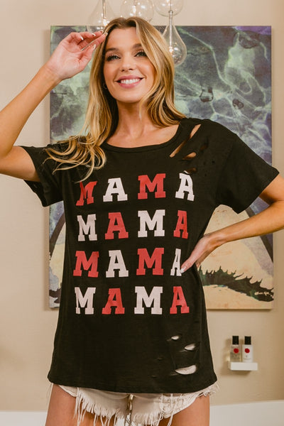 Woman wearing BiBi MAMA graphic distressed short sleeve t-shirt, featuring fun text design, perfect for casual, everyday fashion.