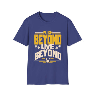 Blue graphic t-shirt with "Push Beyond Live Beyond" text and workout icons.