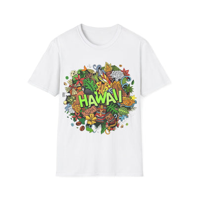 Hawaii Cartoon Doodle Graphic T-shirt featuring playful and vibrant island-themed doodles, perfect for a fun and tropical look