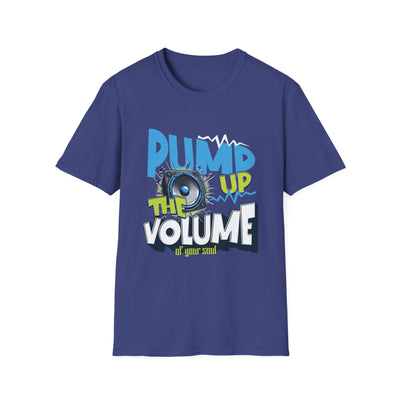 Blue unisex graphic t-shirt with "Pump up the Volume of your soul" design, available in sizes XS to 5XL.