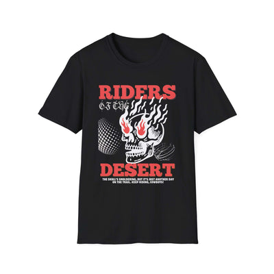 "Riders of the Desert Skull Graphic T-Shirt with flame design on black fabric"