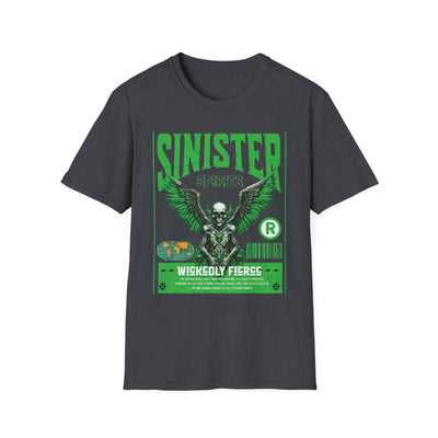 Sinister Spirits Graphic T-Shirt with skull and wings design in green, featuring text "Wickedly Fierce" on a charcoal background.