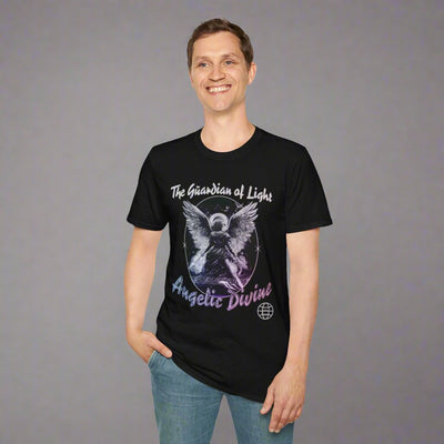 Man wearing Angelic Divine Graphic T-Shirt with "The Guardian of Light" design, smiling and posing casually.