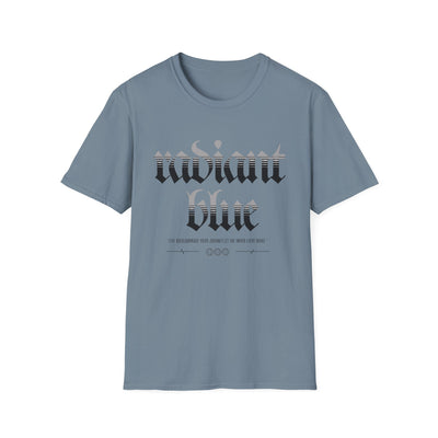 Radiant Blue logo graphic T-shirt with gothic-style text on a soft, unisex fabric, suitable for casual wear, available in multiple sizes.