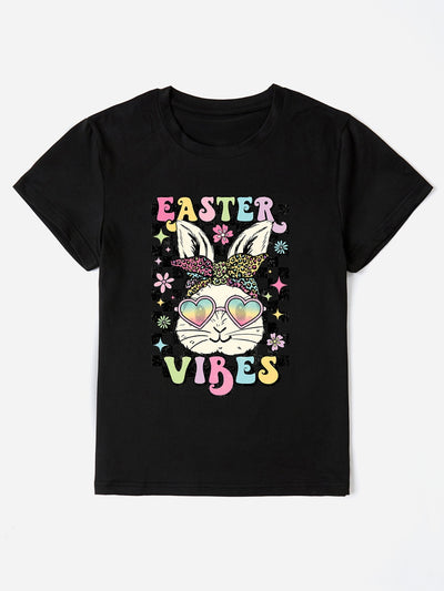 Easter Vibes round neck short sleeve t-shirt with colorful bunny design, slightly stretchy polyester, machine washable.