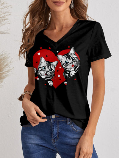 Woman wearing a FAM-FAM Cat V-Neck Short Sleeve T-Shirt with cute cat and heart design